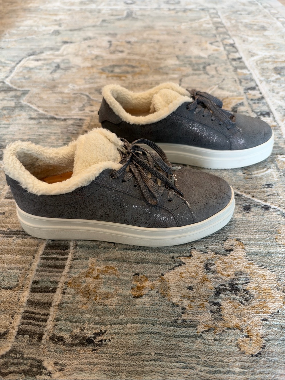 J Slides Charcoal Grey Suede Sneakers with Cream Faux-Shearling Collar